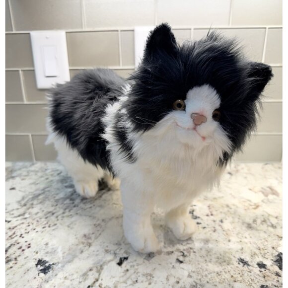 Vtg Hansa Realistic Black White Cat Standing Life Size Soft Fuzzy Plush 4221 Nos - Picture 8 of 10